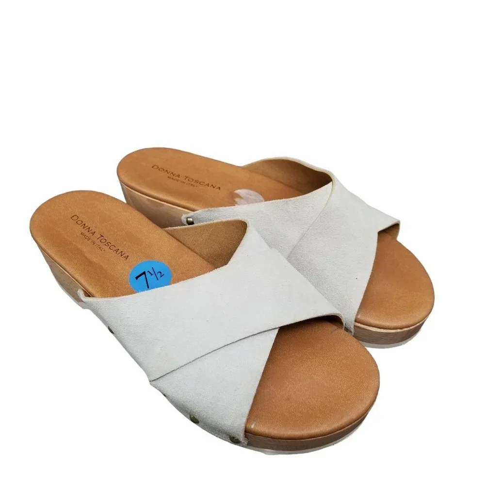 Donna Toscana Wood Platform Slide Sandals Womens White Leather Italian Size 7.5 - Picture 6 of 12